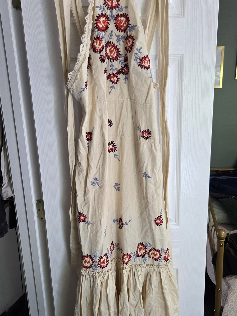 Free People Cream Maxi Dress with Red & Blue Floral Embroidery